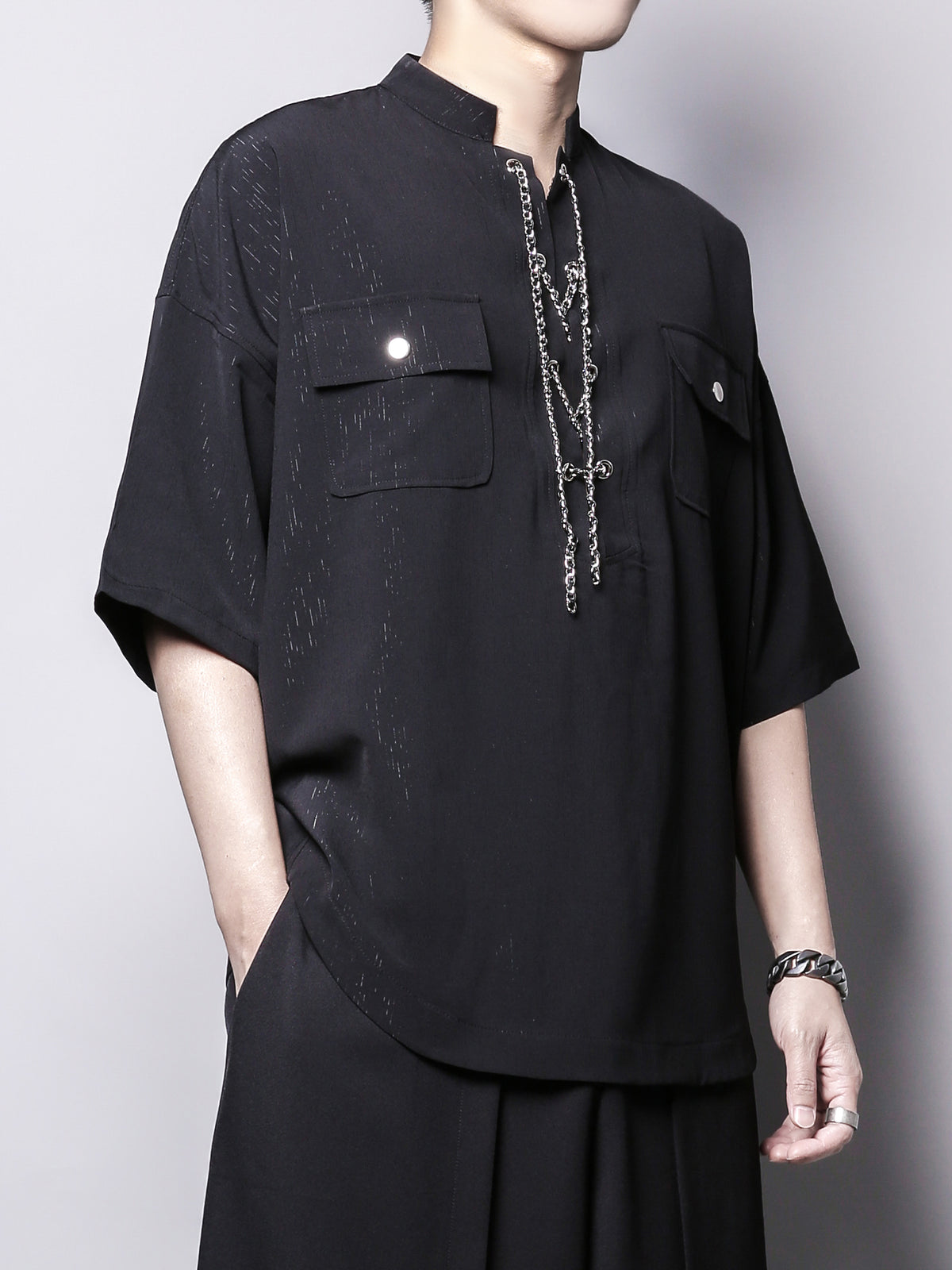 Yamamoto Tie Stand-Collar Half-Sleeve Shirt