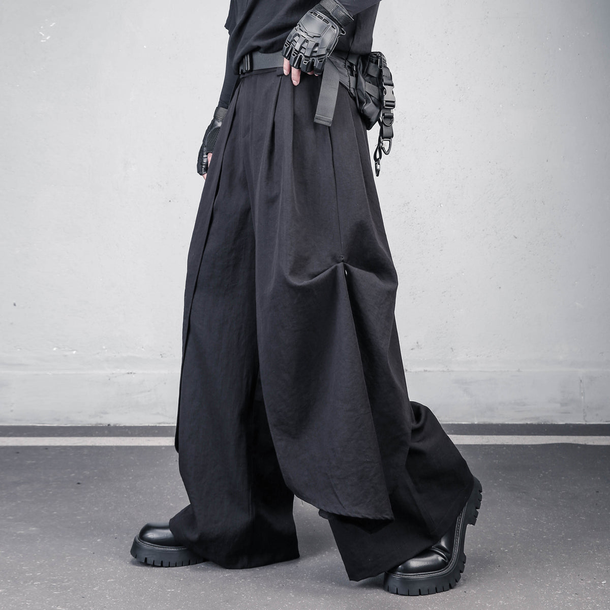 Dark Drawstring Wide-Leg Culotte Trousers