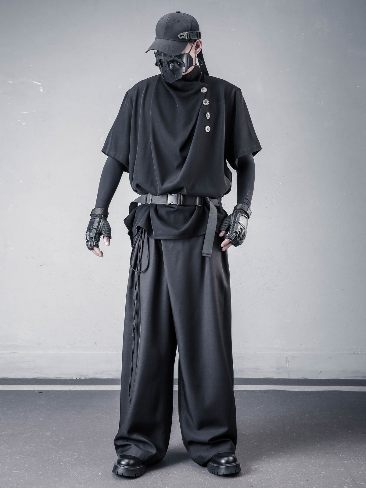Dark Draped High-Collar Asymmetric Tee