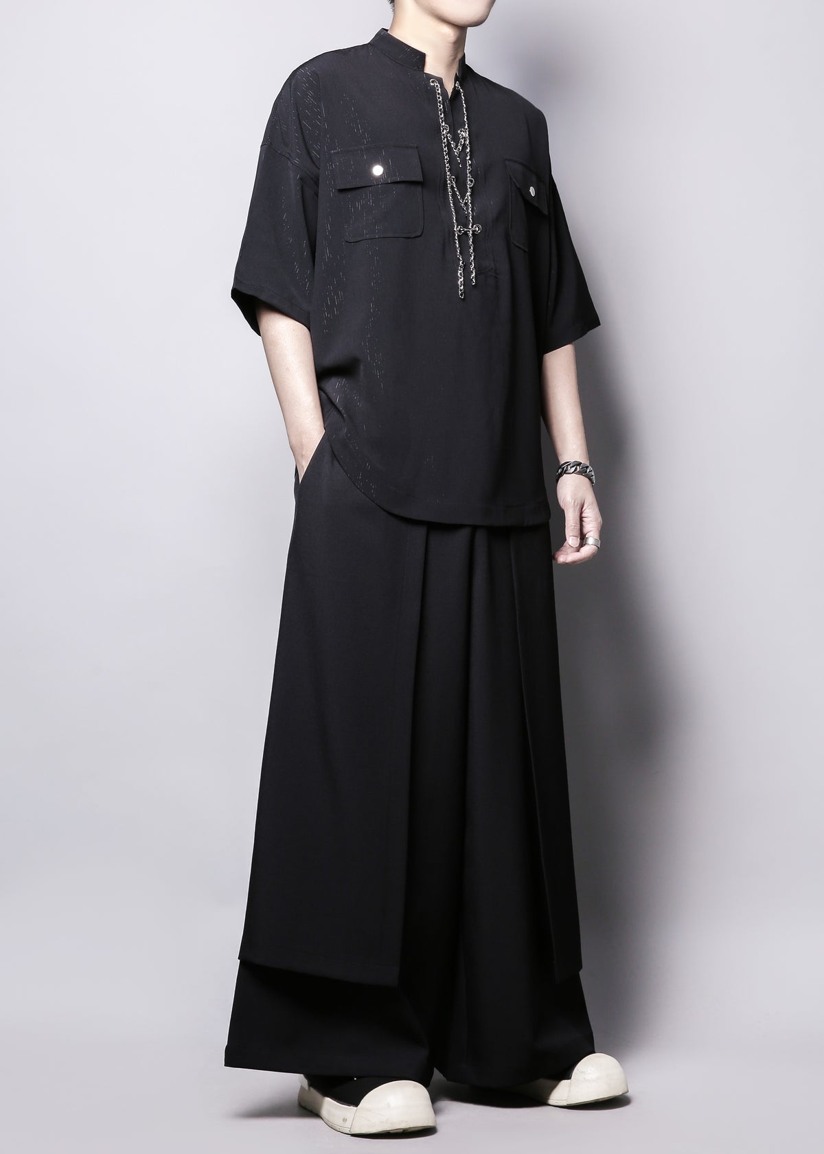 Yamamoto Tie Stand-Collar Half-Sleeve Shirt