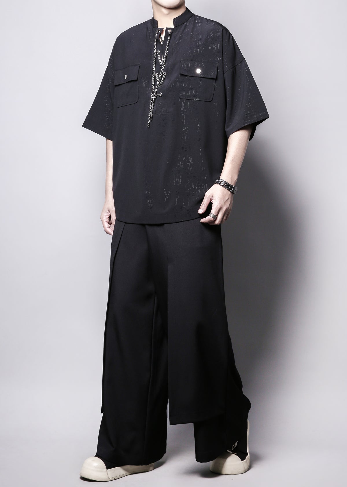 Yamamoto Tie Stand-Collar Half-Sleeve Shirt
