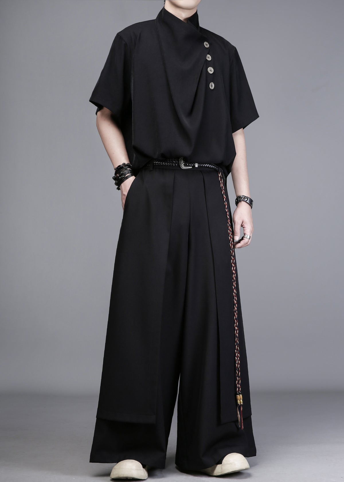Dark Draped High-Collar Asymmetric Tee