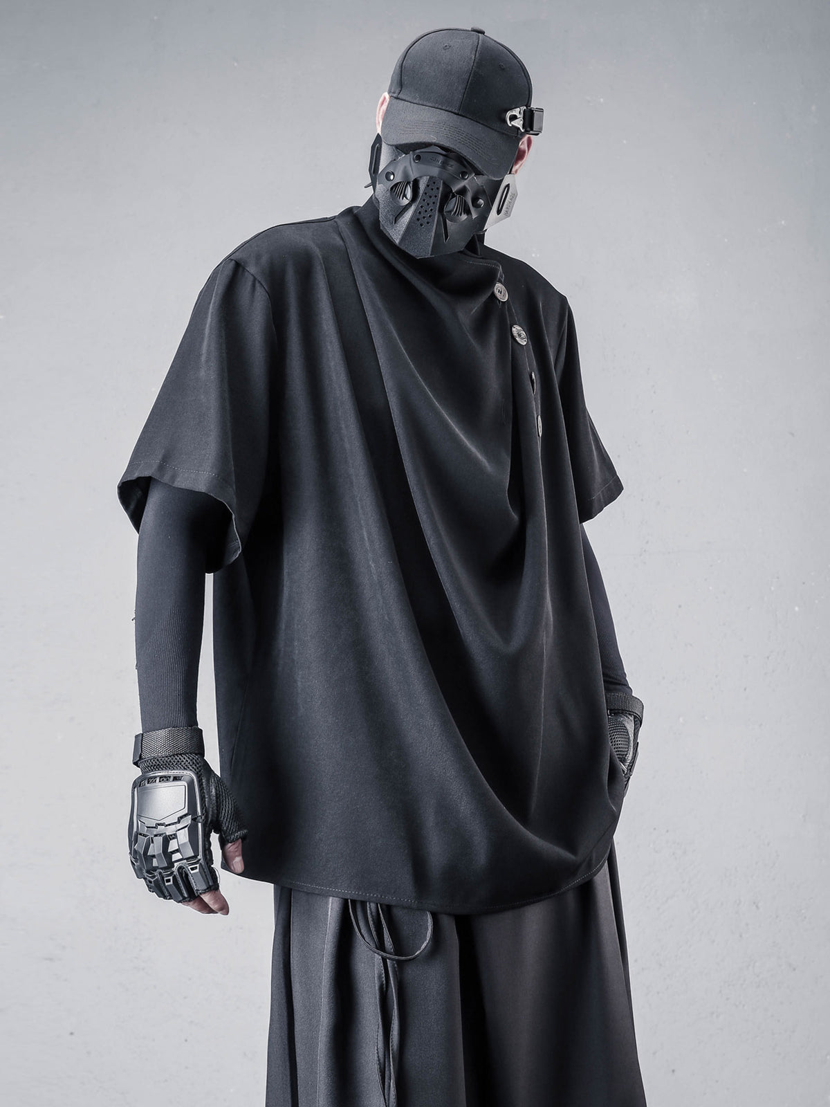 Dark Draped High-Collar Asymmetric Tee