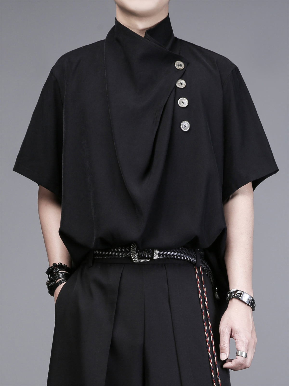 Dark Draped High-Collar Asymmetric Tee